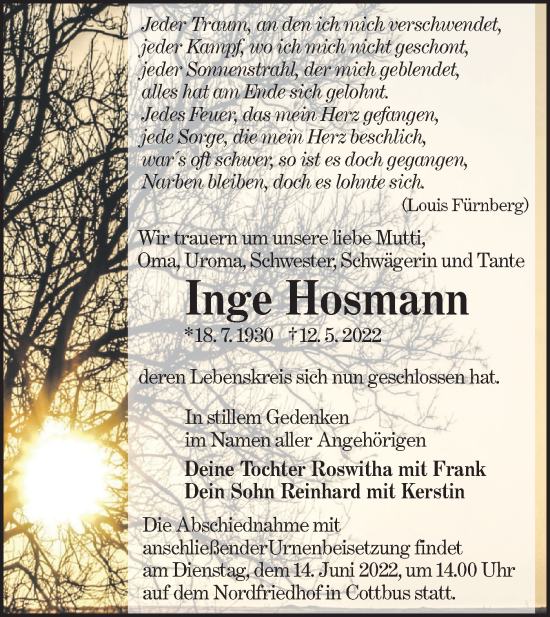 Traueranzeige von Inge Hosmann von lausitzer_rundschau