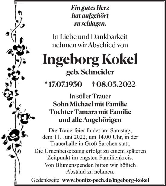 Traueranzeige von Ingeborg Kokel von lausitzer_rundschau