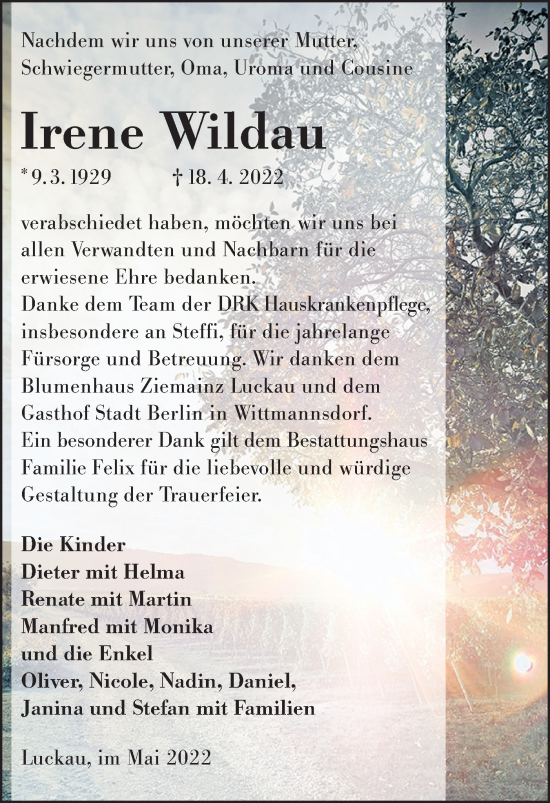 Traueranzeige von Irene Wildau von lausitzer_rundschau