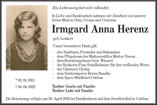 Traueranzeige von Irmgard Anna Herenz von lausitzer_rundschau