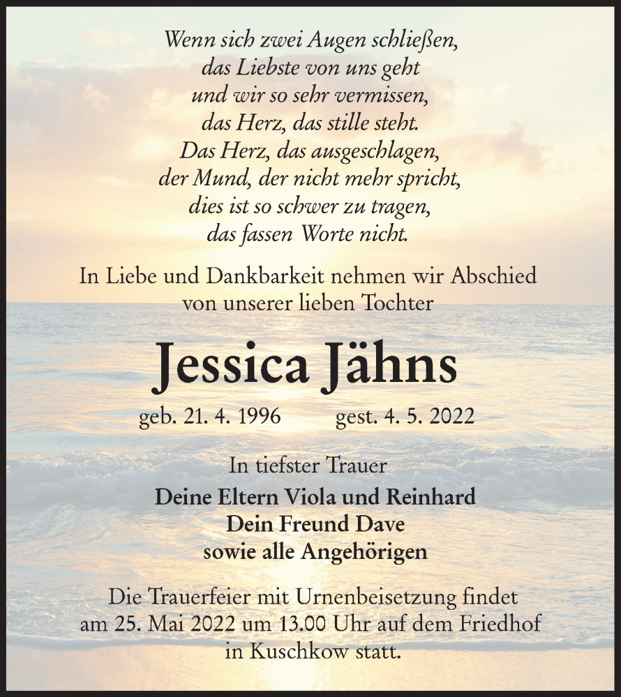  Traueranzeige für Jessica Jähns vom 14.05.2022 aus lausitzer_rundschau