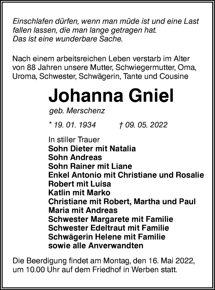  Traueranzeige für Johanna Gniel vom 14.05.2022 aus lausitzer_rundschau