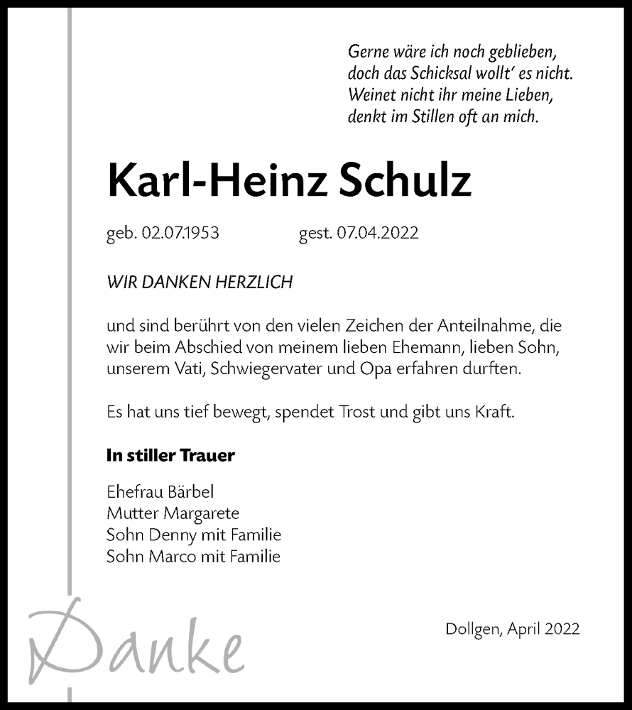  Traueranzeige für Karl-Heinz Schulz vom 07.05.2022 aus lausitzer_rundschau