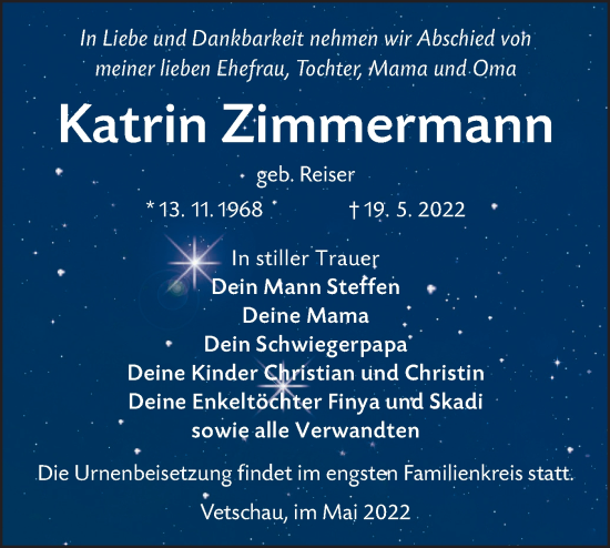 Traueranzeige von Katrin Zimmermann von lausitzer_rundschau