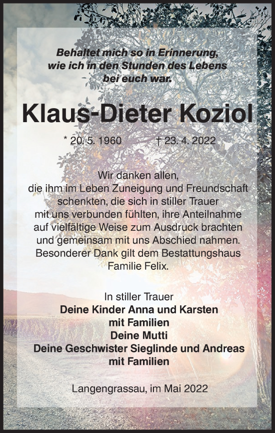 Traueranzeige von Klaus-Dieter Koziol von lausitzer_rundschau