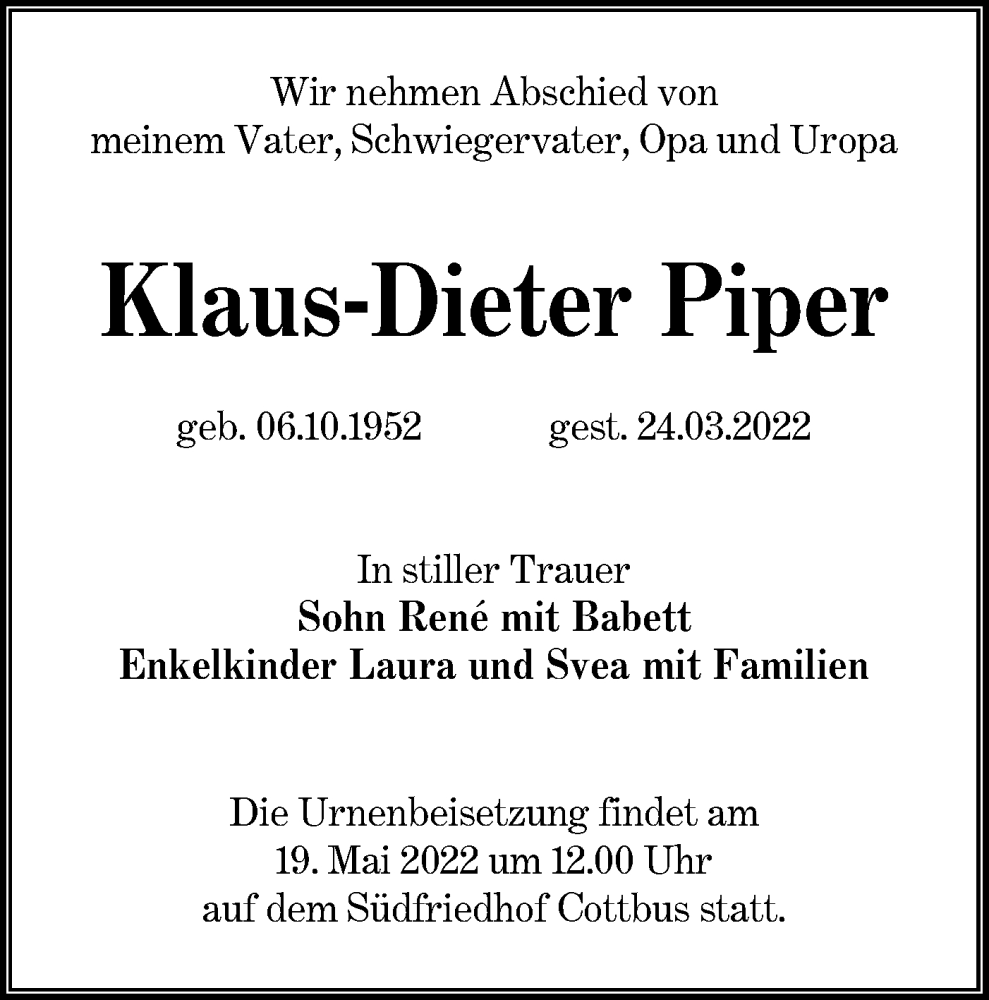  Traueranzeige für Klaus-Dieter Piper vom 07.05.2022 aus lausitzer_rundschau