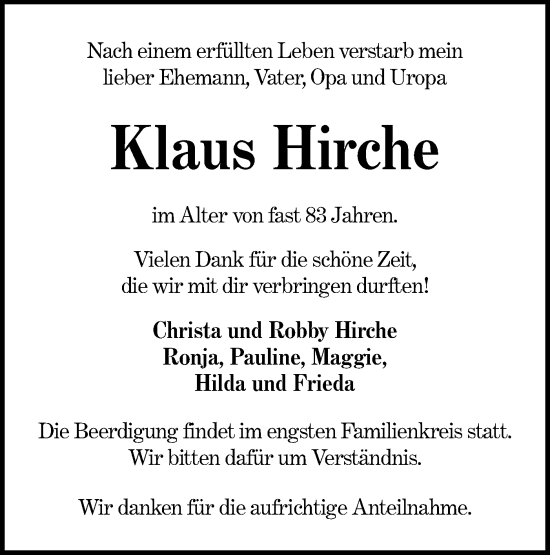 Traueranzeige von Klaus Hirche von lausitzer_rundschau