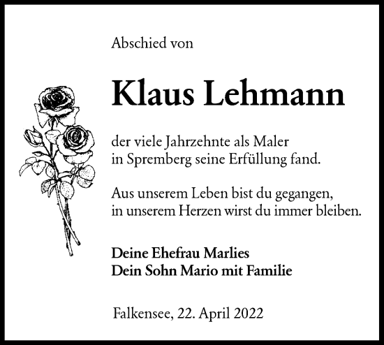 Traueranzeige von Klaus Lehmann von lausitzer_rundschau