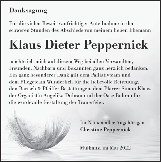Traueranzeige von Klaus Dieter Peppernick von lausitzer_rundschau