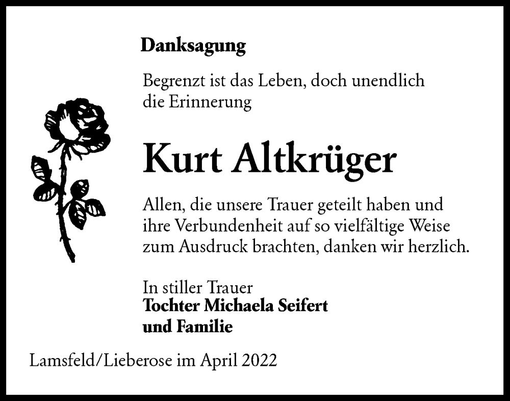  Traueranzeige für Kurt Altkrüger vom 07.05.2022 aus lausitzer_rundschau