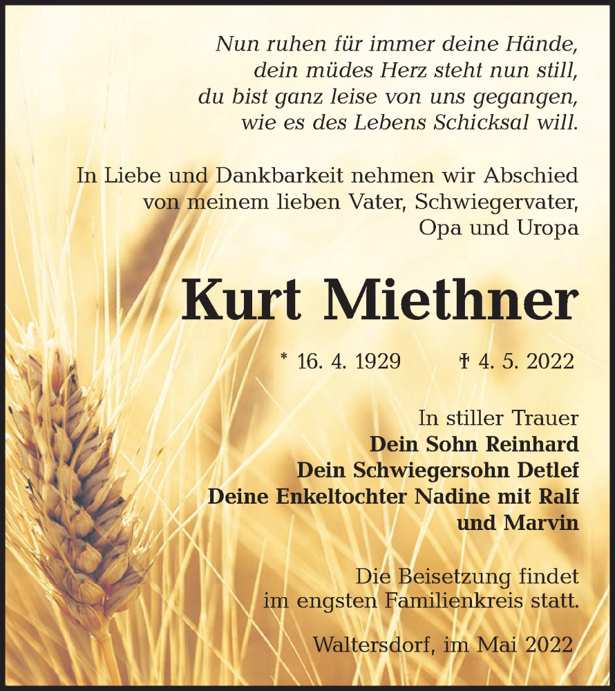  Traueranzeige für Kurt Miethner vom 14.05.2022 aus lausitzer_rundschau