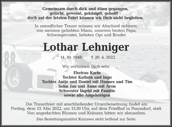Traueranzeige von Lothar Lehniger von lausitzer_rundschau
