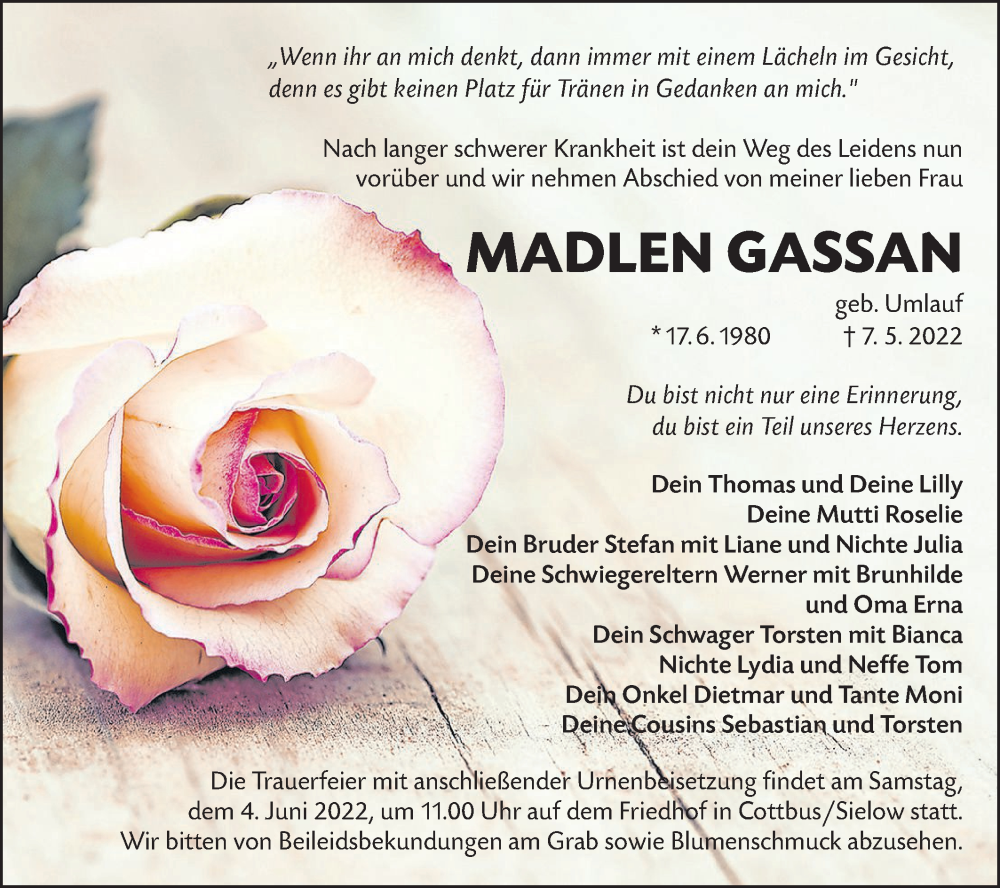  Traueranzeige für Madlen Gassan vom 21.05.2022 aus lausitzer_rundschau