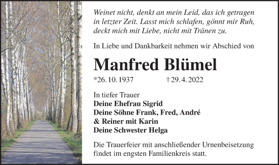 Traueranzeige von Manfred Blümel von lausitzer_rundschau