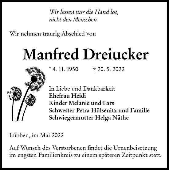 Traueranzeige von Manfred Dreiucker von lausitzer_rundschau