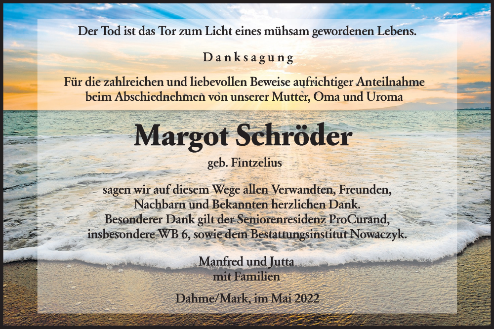  Traueranzeige für Margot Schröder vom 14.05.2022 aus lausitzer_rundschau