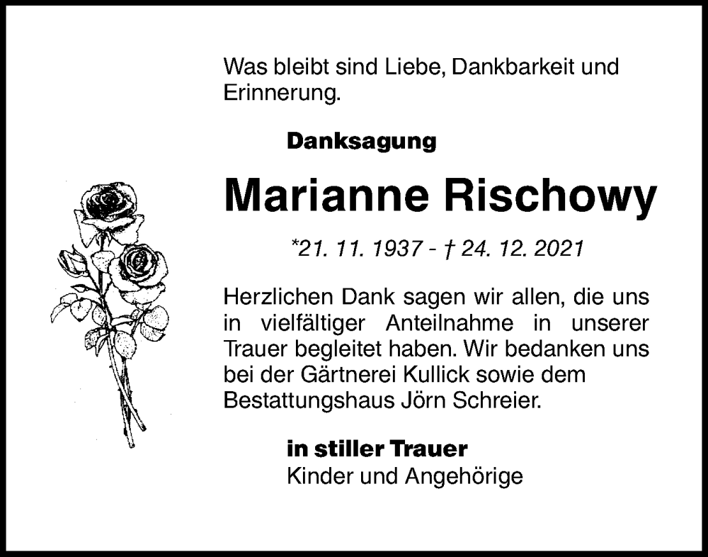  Traueranzeige für Marianne Rischowy vom 19.05.2022 aus lausitzer_rundschau
