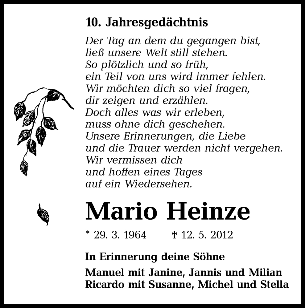  Traueranzeige für Mario Heinze vom 14.05.2022 aus lausitzer_rundschau
