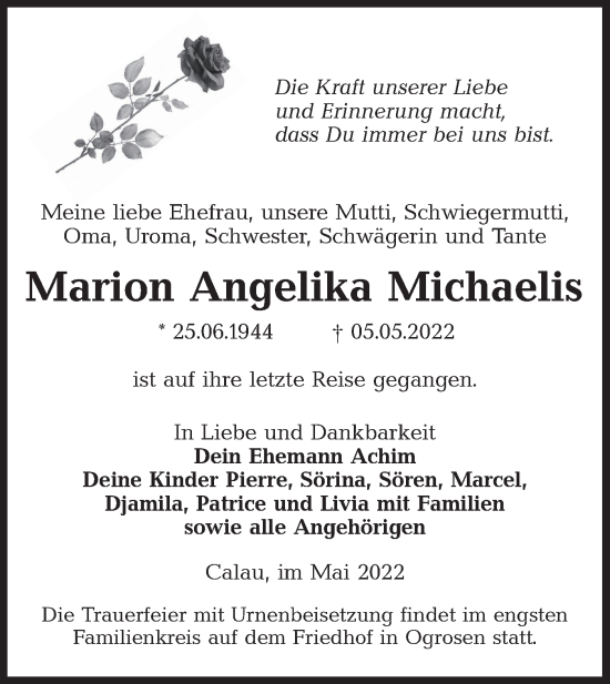 Traueranzeige von Marion Angelika Michaelis von lausitzer_rundschau