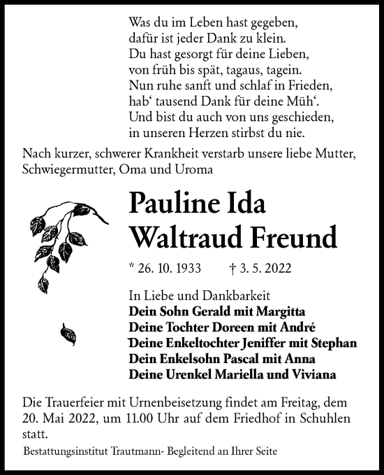 Traueranzeige von Pauline Ida Waltraud Freund von lausitzer_rundschau