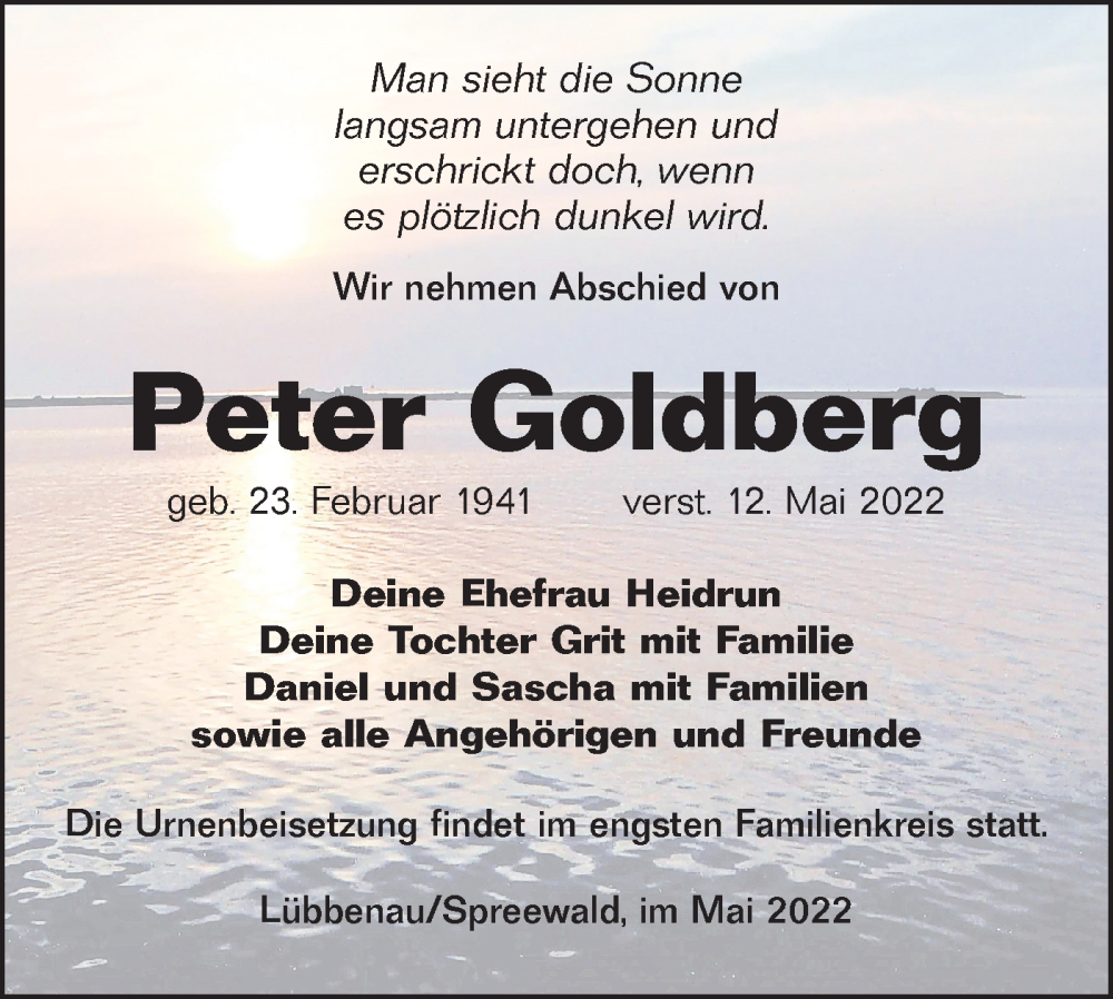  Traueranzeige für Peter Goldberg vom 28.05.2022 aus lausitzer_rundschau