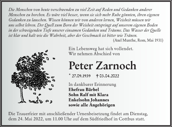 Traueranzeige von Peter Zarnoch von lausitzer_rundschau