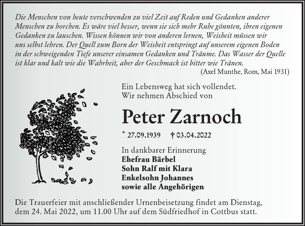  Traueranzeige für Peter Zarnoch vom 21.05.2022 aus lausitzer_rundschau