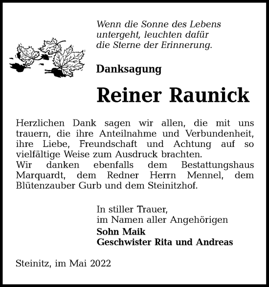 Traueranzeige von Reiner Raunick von lausitzer_rundschau