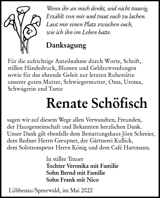 Traueranzeige von Renate Schöfisch von lausitzer_rundschau