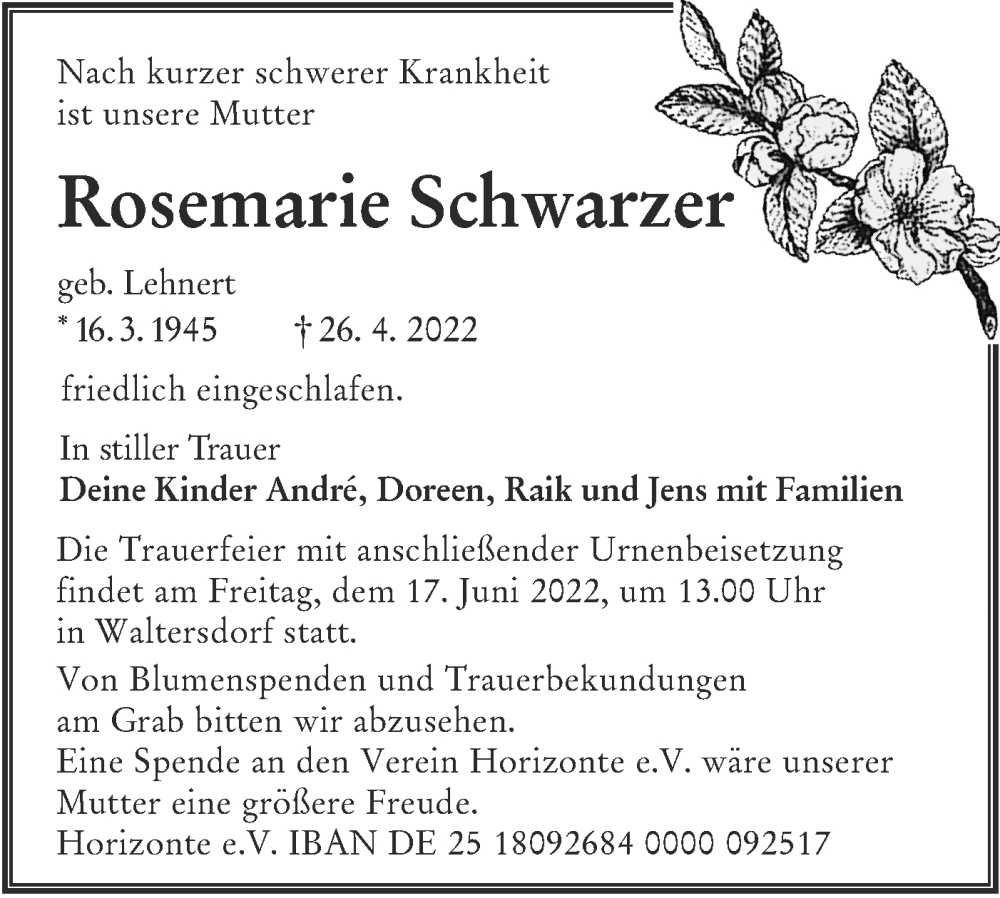  Traueranzeige für Rosemarie Schwarzer vom 04.05.2022 aus lausitzer_rundschau