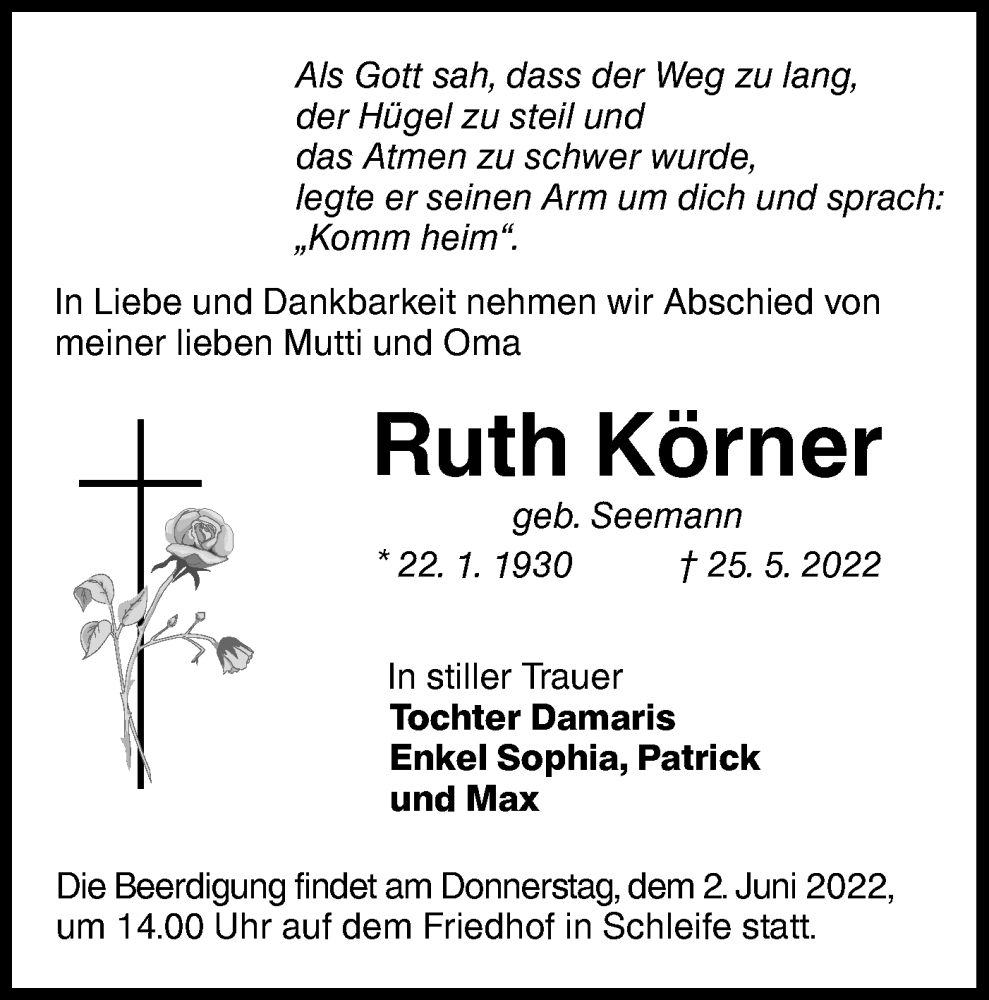  Traueranzeige für Ruth Körner vom 31.05.2022 aus lausitzer_rundschau