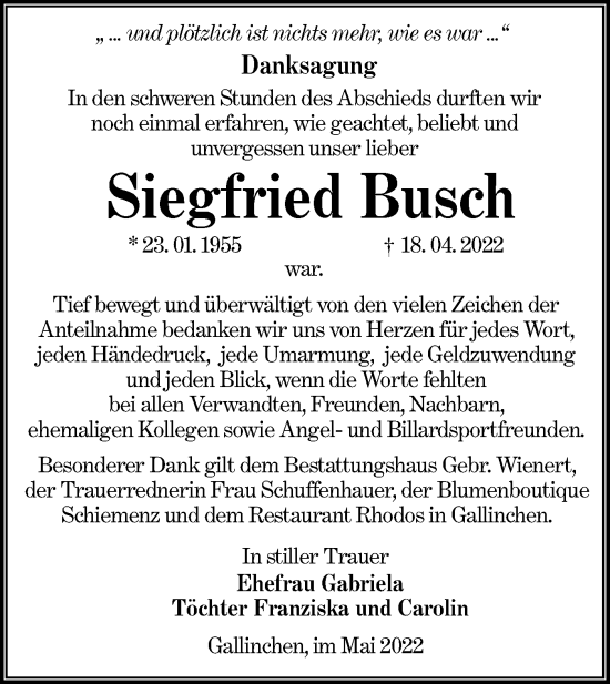 Traueranzeige von Siegfried Busch von lausitzer_rundschau