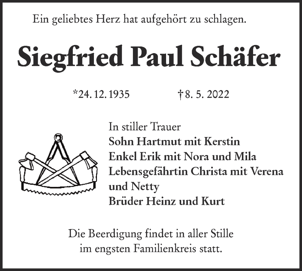  Traueranzeige für Siegfried Paul Schäfer vom 11.05.2022 aus lausitzer_rundschau