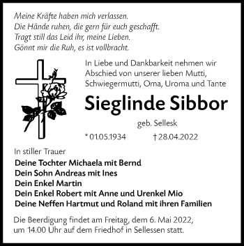 Traueranzeige von Sieglinde Sibbor von lausitzer_rundschau