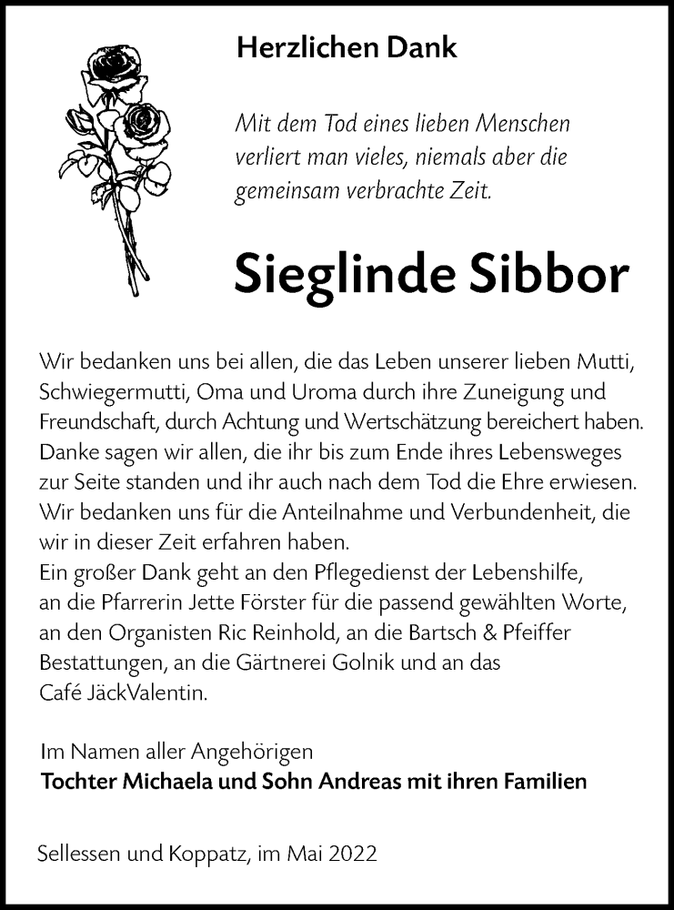  Traueranzeige für Sieglinde Sibbor vom 21.05.2022 aus lausitzer_rundschau