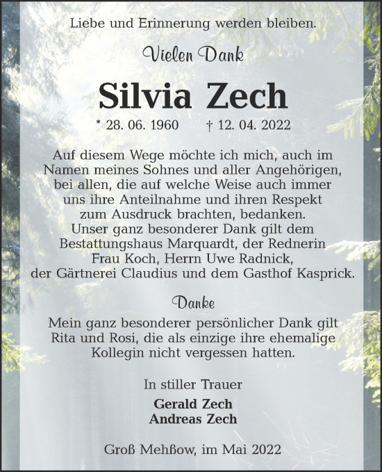 Traueranzeige von Silvia Zech von lausitzer_rundschau