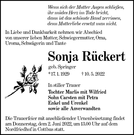 Traueranzeige von Sonja Rückert von lausitzer_rundschau