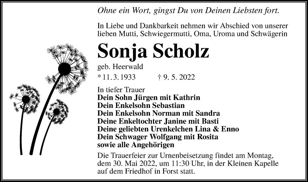  Traueranzeige für Sonja Scholz vom 28.05.2022 aus lausitzer_rundschau