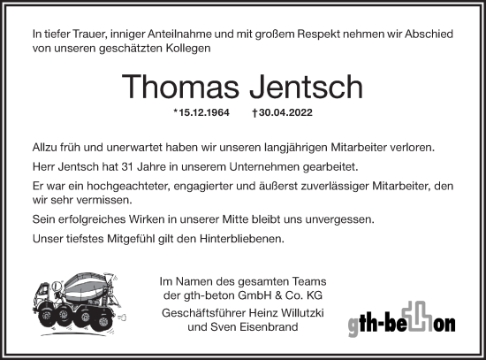 Traueranzeige von Thomas Jentsch von lausitzer_rundschau