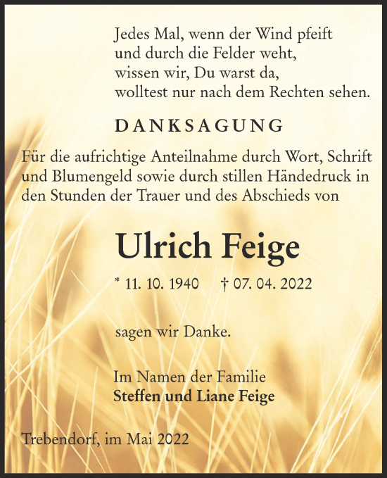 Traueranzeige von Ulrich Feige von lausitzer_rundschau