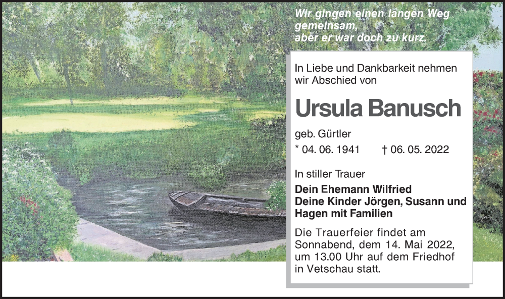  Traueranzeige für Ursula Banusch vom 13.05.2022 aus lausitzer_rundschau