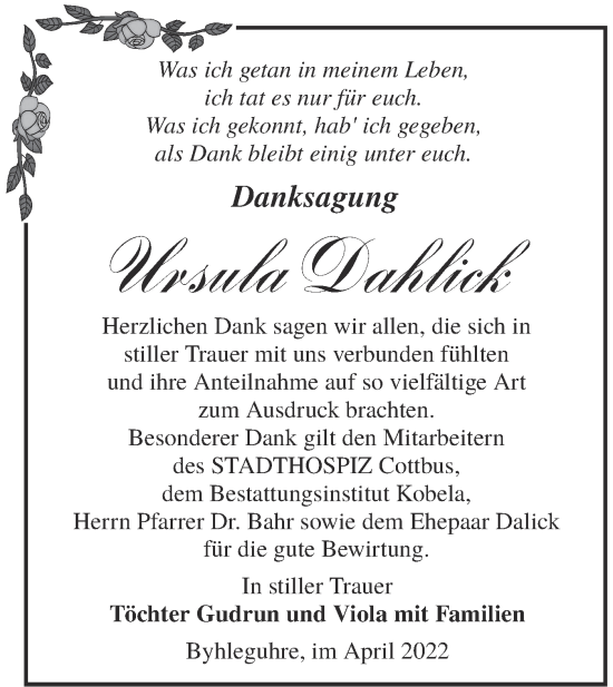 Traueranzeige von Ursula Dahlick von lausitzer_rundschau