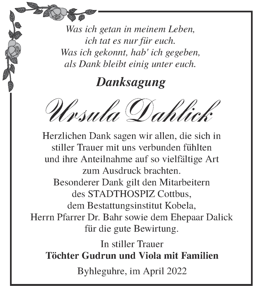 Traueranzeige für Ursula Dahlick vom 07.05.2022 aus lausitzer_rundschau