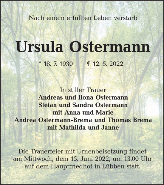 Traueranzeige von Ursula Ostermann von lausitzer_rundschau