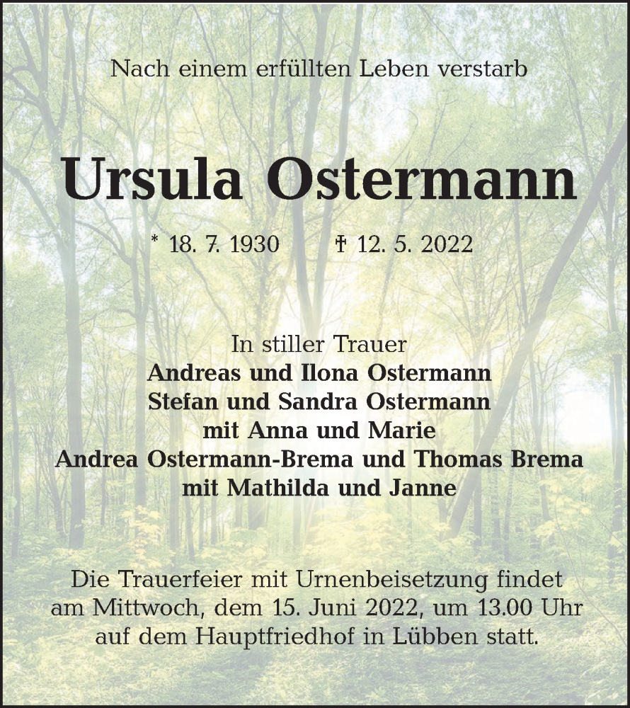  Traueranzeige für Ursula Ostermann vom 21.05.2022 aus lausitzer_rundschau