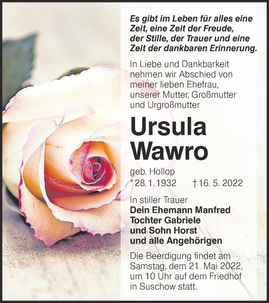  Traueranzeige für Ursula Wawro vom 19.05.2022 aus lausitzer_rundschau