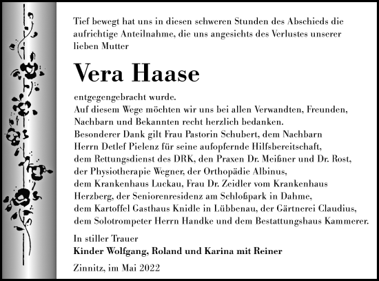 Traueranzeige von Vera Haase von lausitzer_rundschau