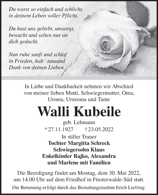 Traueranzeige von Walli Kubeile von lausitzer_rundschau
