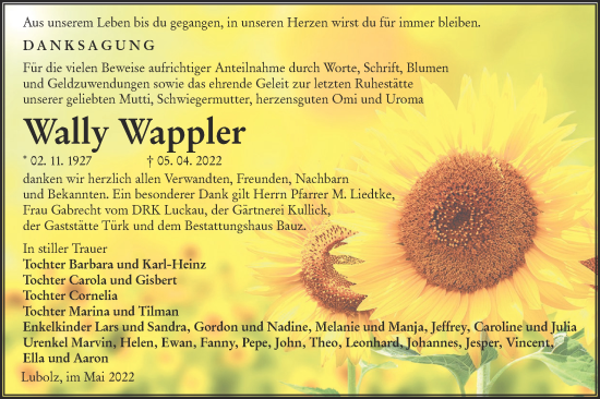 Traueranzeige von Wally Wappler von lausitzer_rundschau