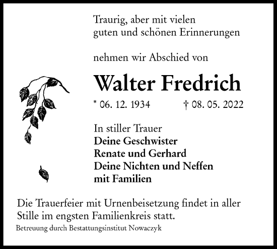 Traueranzeige von Walter Fredrich von lausitzer_rundschau